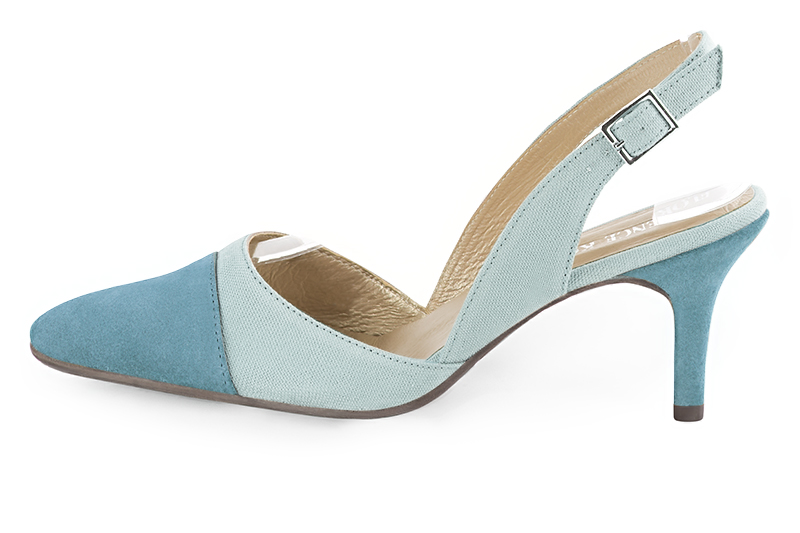 Sky blue women's slingback shoes. Tapered toe. High slim heel. Profile view - Florence KOOIJMAN